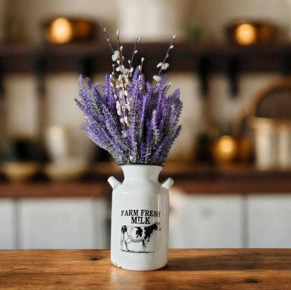 Lavender Artificial Flowers in Milk Jug Metal Vase